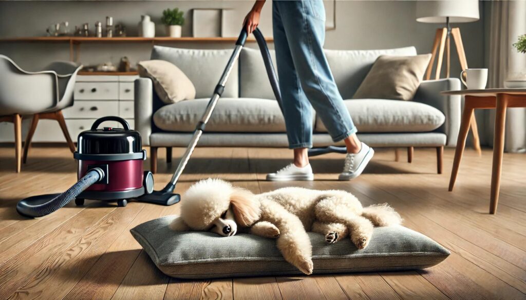 掃除機を気にせずお昼寝する犬