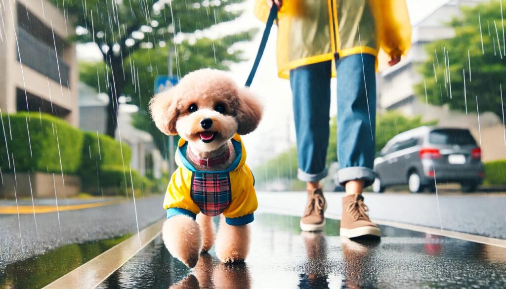 雨の日に楽しくお散歩する犬