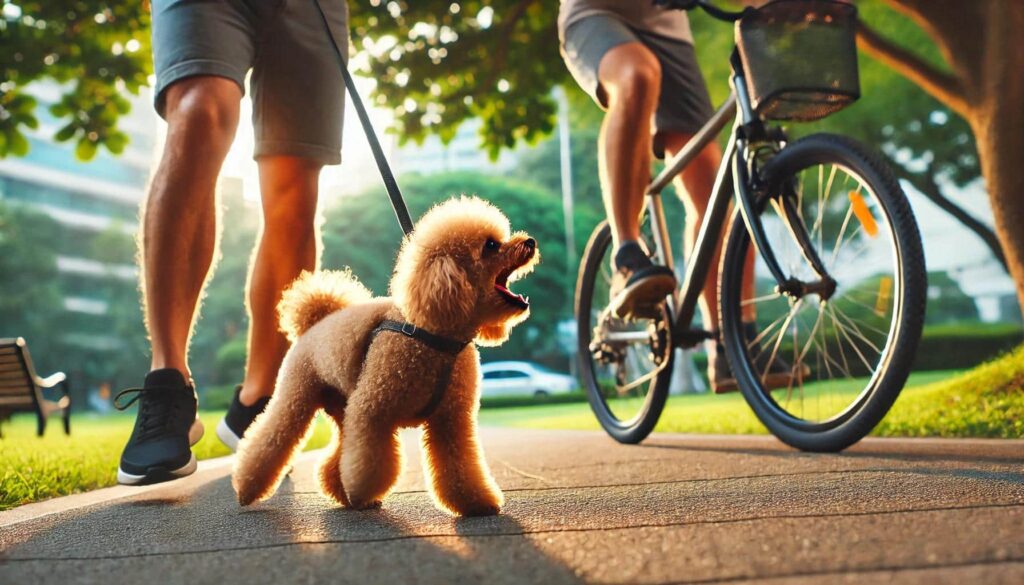 お散歩中に自転車に飛びかかろうとしてしまう犬