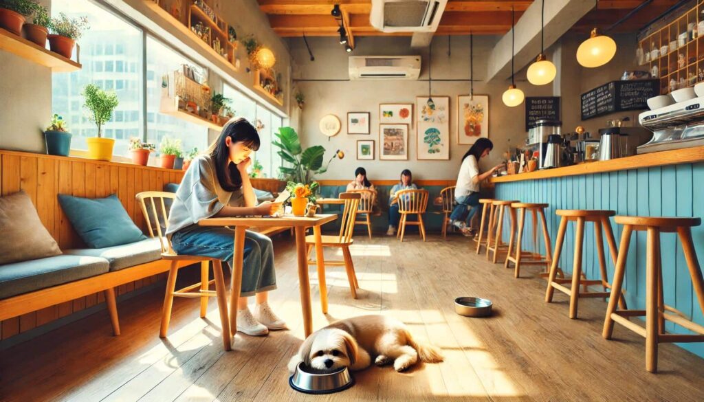 ドッグカフェでくつろぐ飼い主と犬