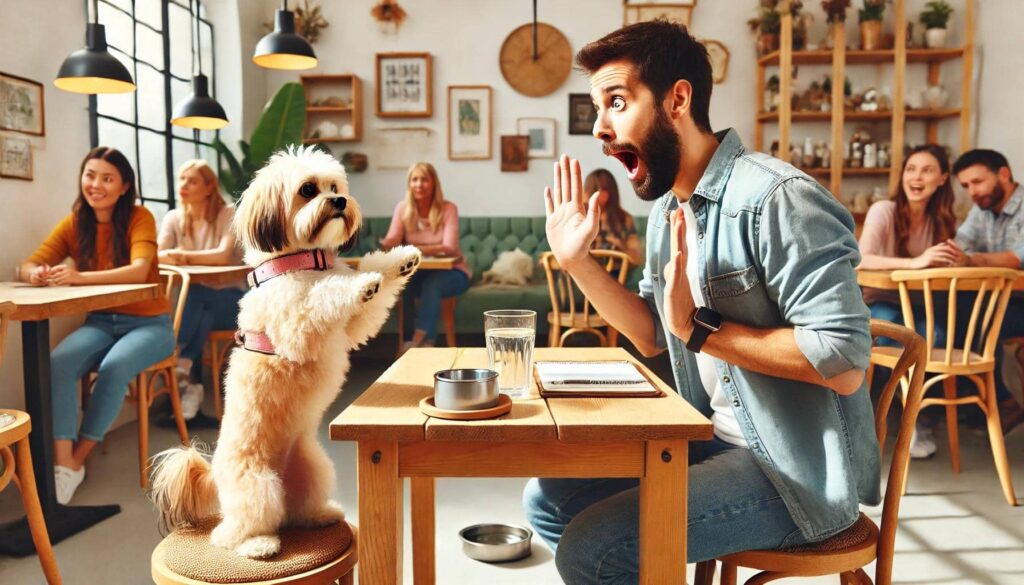 ドッグカフェにてテーブルに足をかけて飼い主を驚かせ困らせてしまう犬