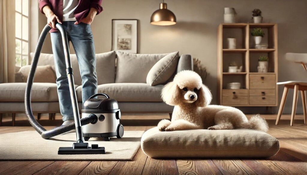 掃除機を気にせずリラックスする犬