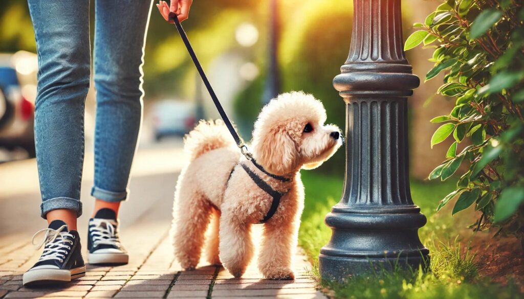 マーキング防止でお散歩中に電柱の匂いを嗅がせることを禁止する姿