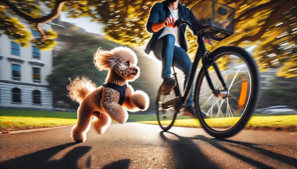 お散歩中に自転車に飛びかかろうとしてしまう犬