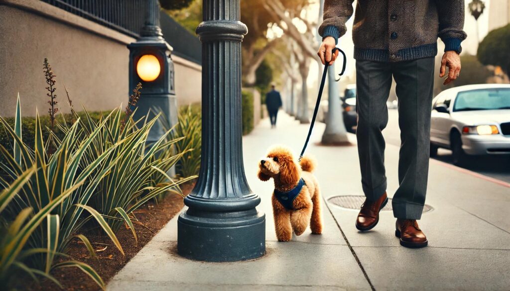 マーキング防止でお散歩中に電柱の匂いを嗅がせることを禁止する姿