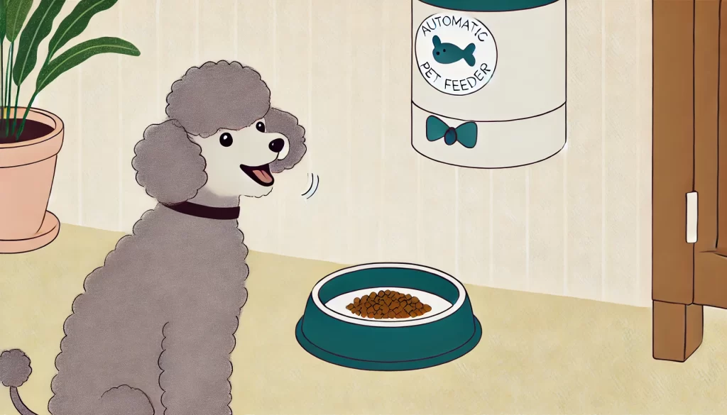 自動給餌器でご飯が出てくるを楽しみにしている犬