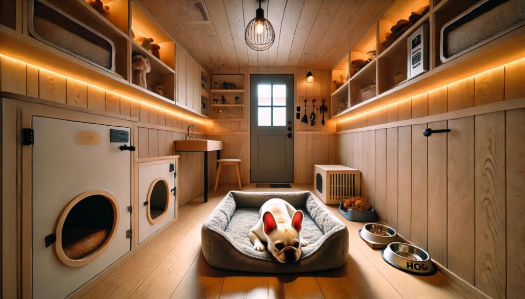 個室のペットホテルを利用してリラックスしている犬