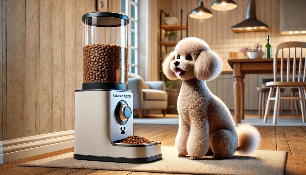 自動給餌器でご飯が出てくるを楽しみにしている犬