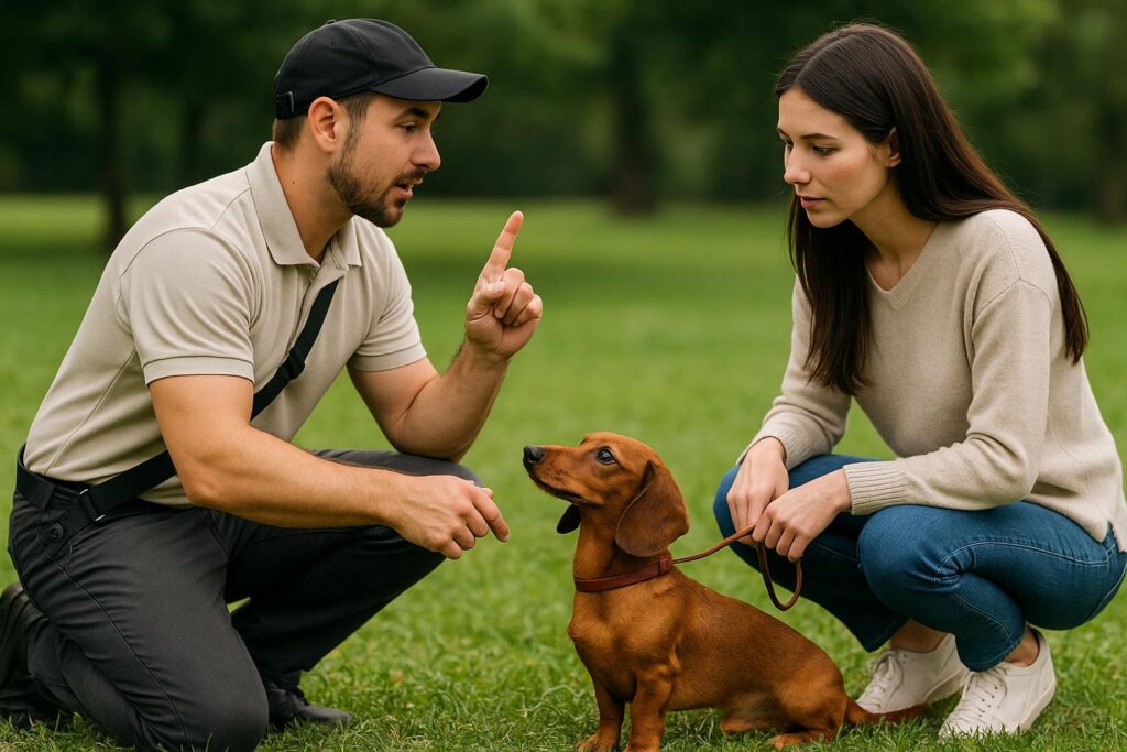 ドッグトレーナーと一緒にトレーニングをする飼い主