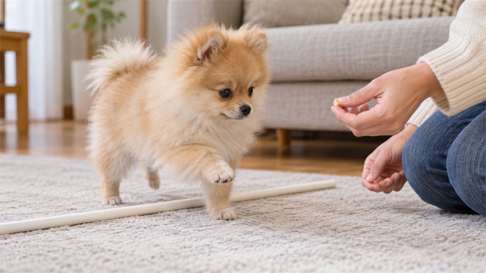 リビングのラグの上で、床に置いた白い細い棒をまたいで歩いているポメラニアンの子犬と、その先でしゃがんで小さなおやつを手に持っている人の手元の写真