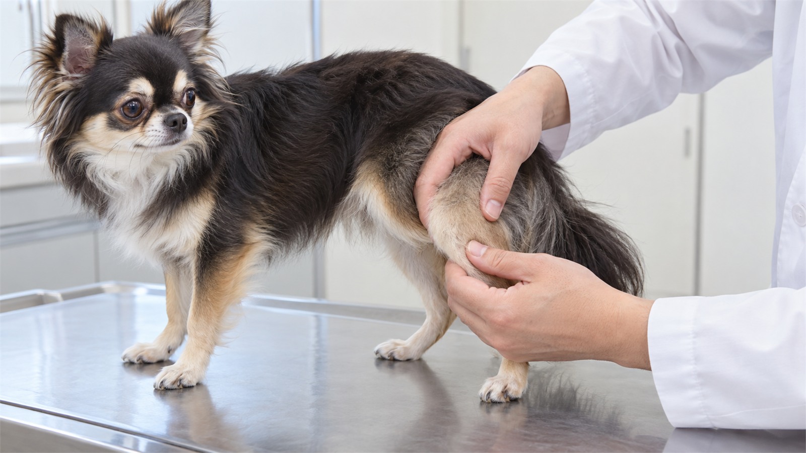 動物病院の診察室で、診察台の上に立っているロングコートチワワの後ろ足の膝を、白衣の獣医師が両手でそっと触って診ている手元の写真