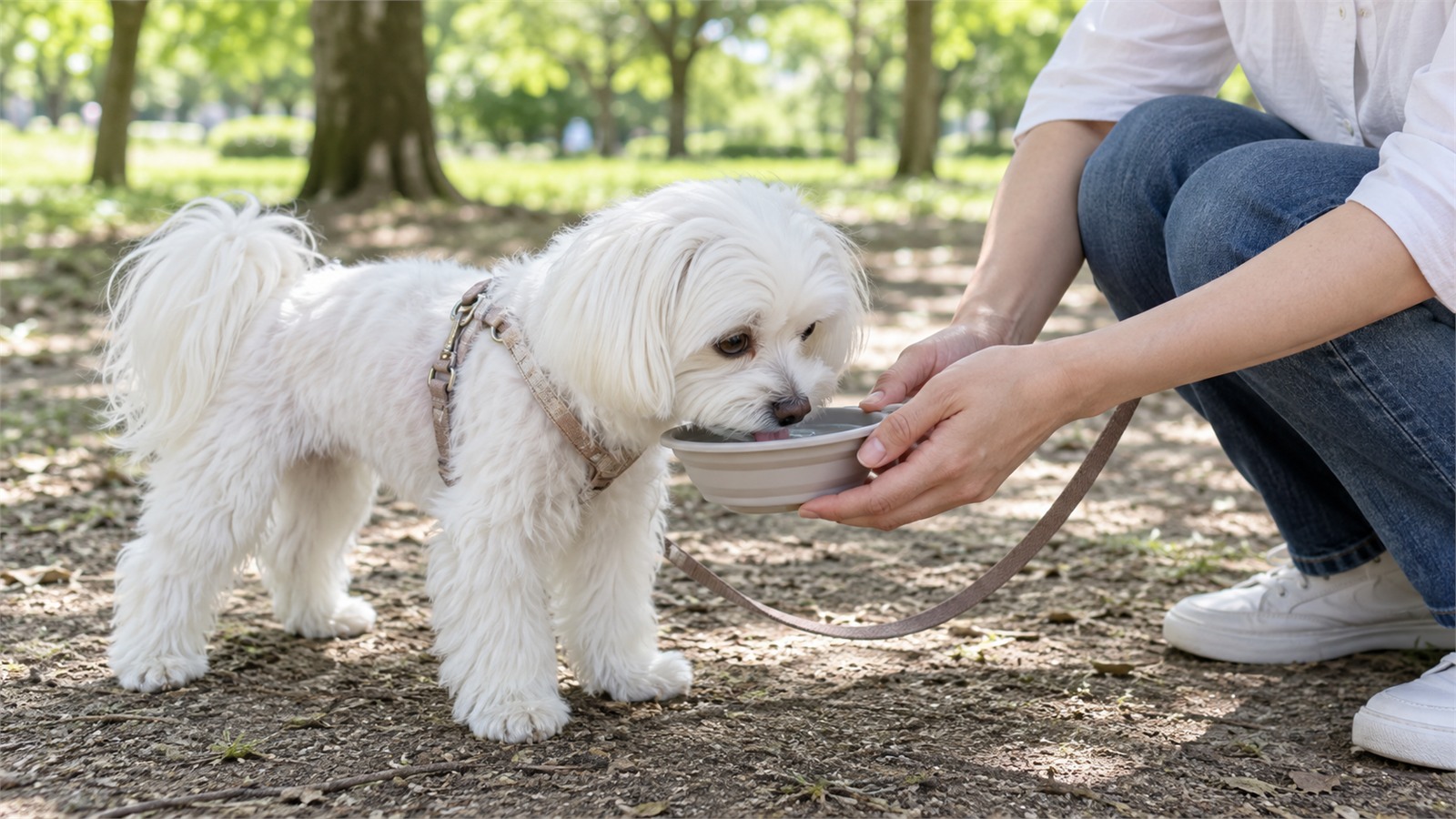 公園の木陰で、リードをつけた白いマルチーズが、しゃがんだ人が差し出す携帯用の水入れから水を飲んでいる写真