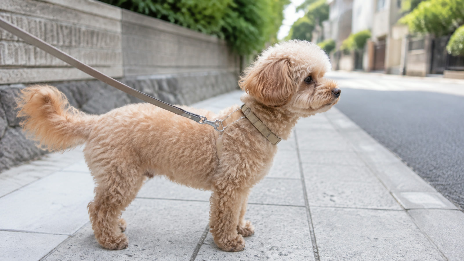 リードを付けて歩道に立ち、遠くをじっと見ている小型犬の写真