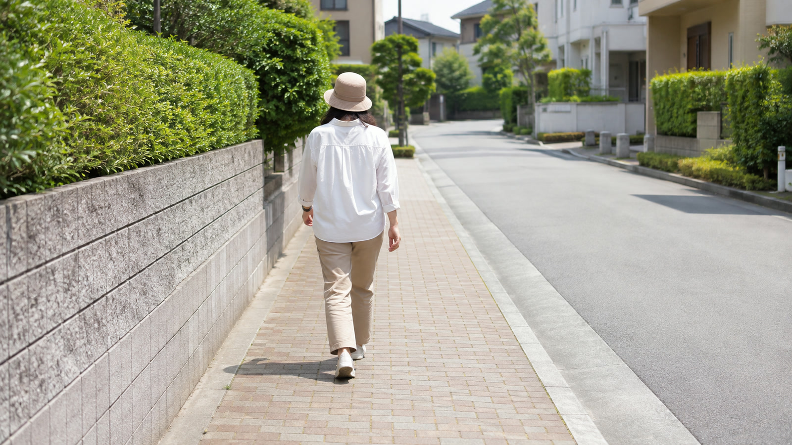帽子をかぶった人が前方を歩いている、住宅街の歩道の写真