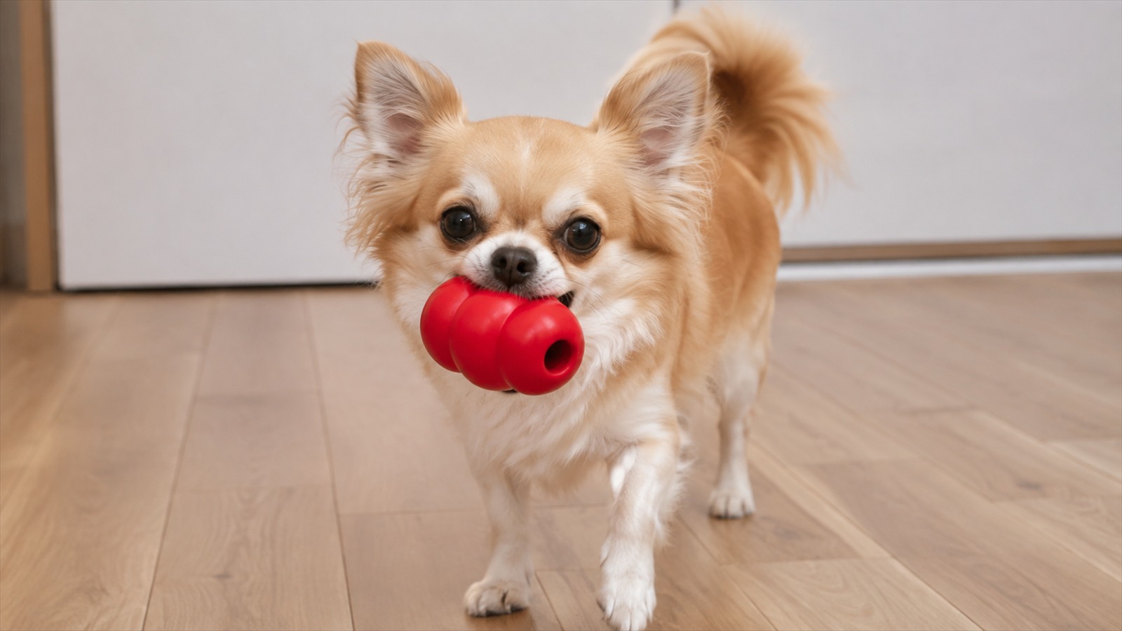 中におやつを入れられるゴム製のおもちゃをくわえている小型犬の写真