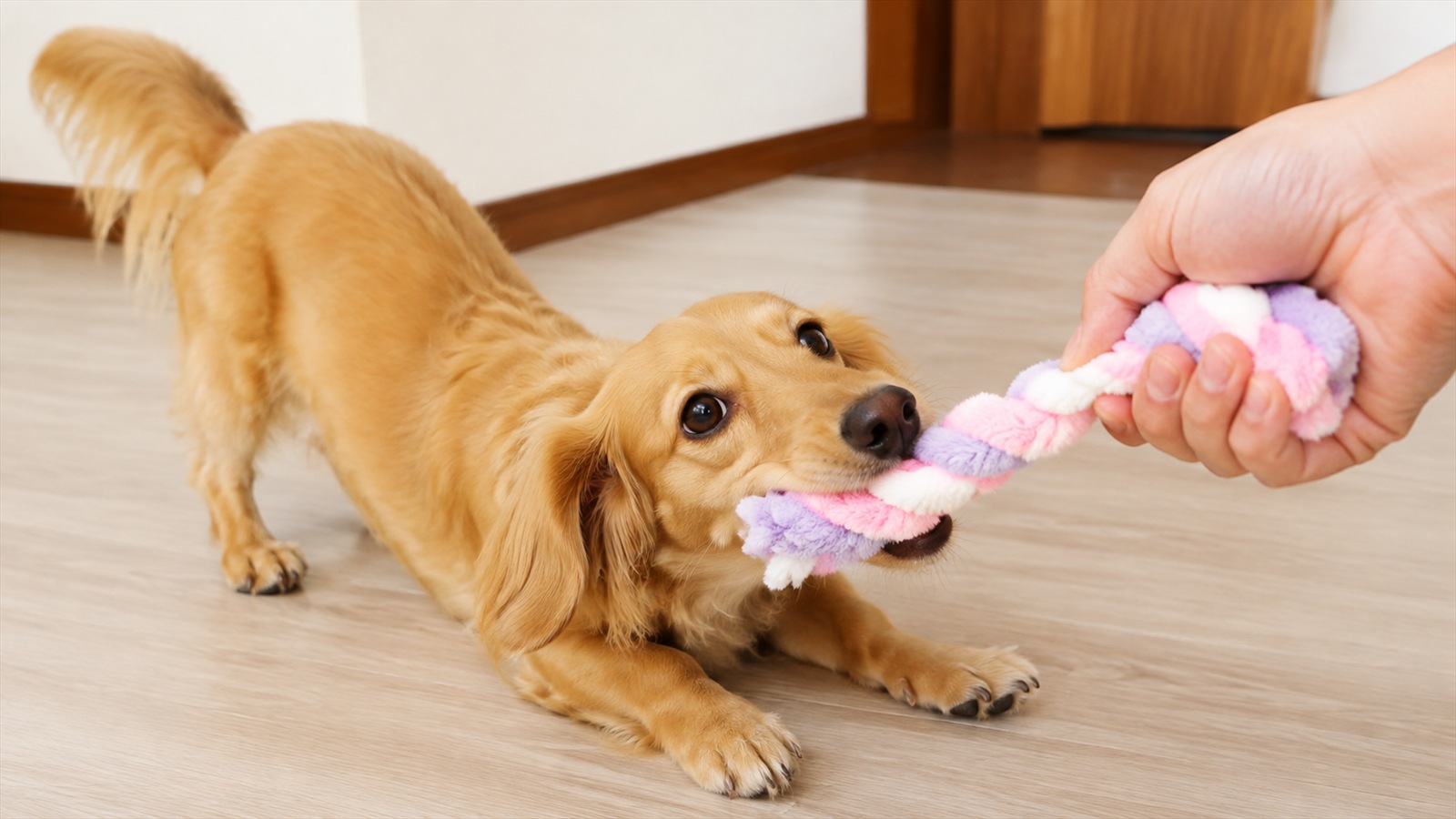 床でおもちゃを引っぱりっこして遊んでいる小型犬と人の手の写真