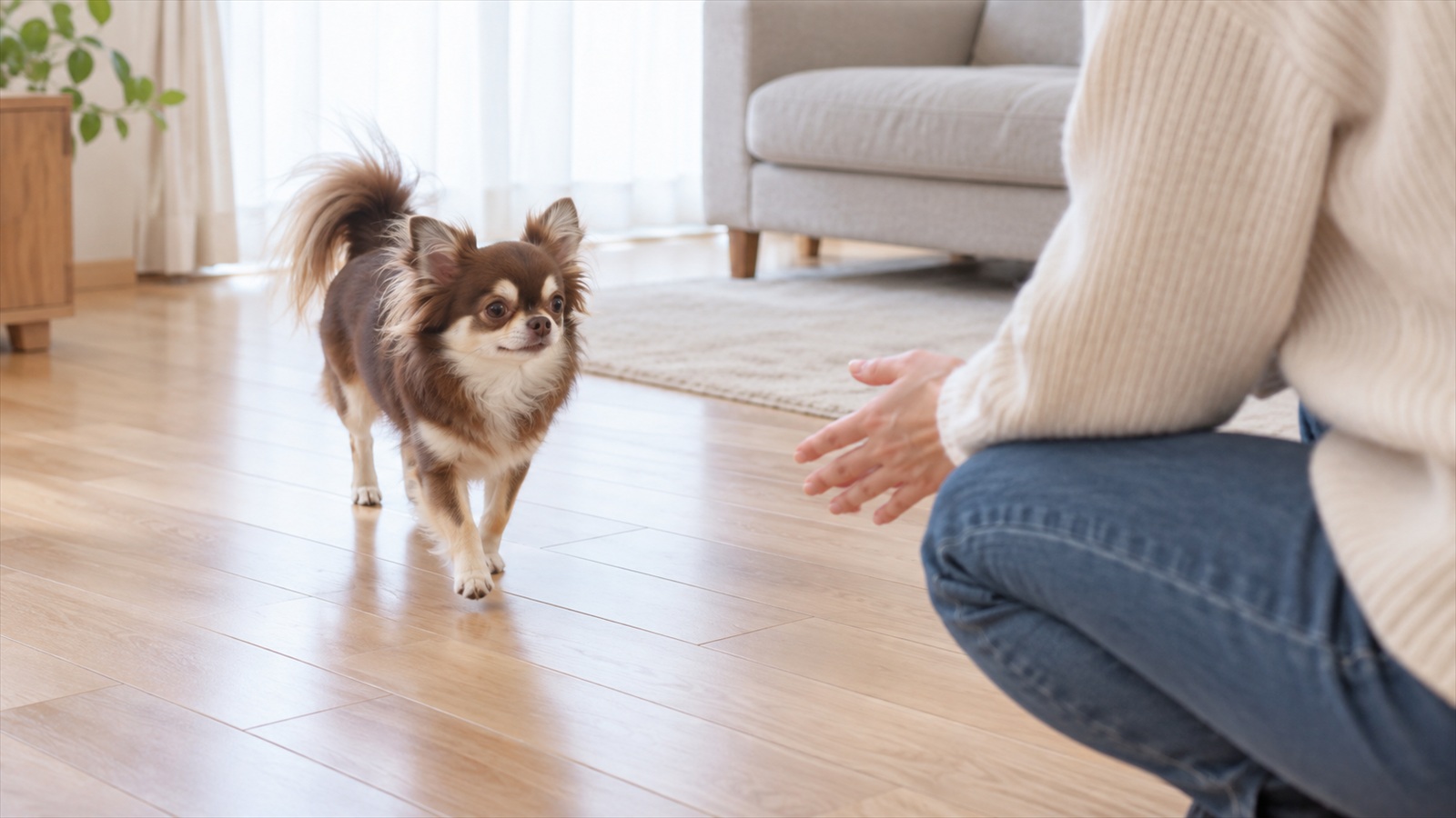 リビングで、飼い主が体を横に向けてしゃがんで待ち、少し離れた場所からロングコートチワワが自分から歩み寄っている写真