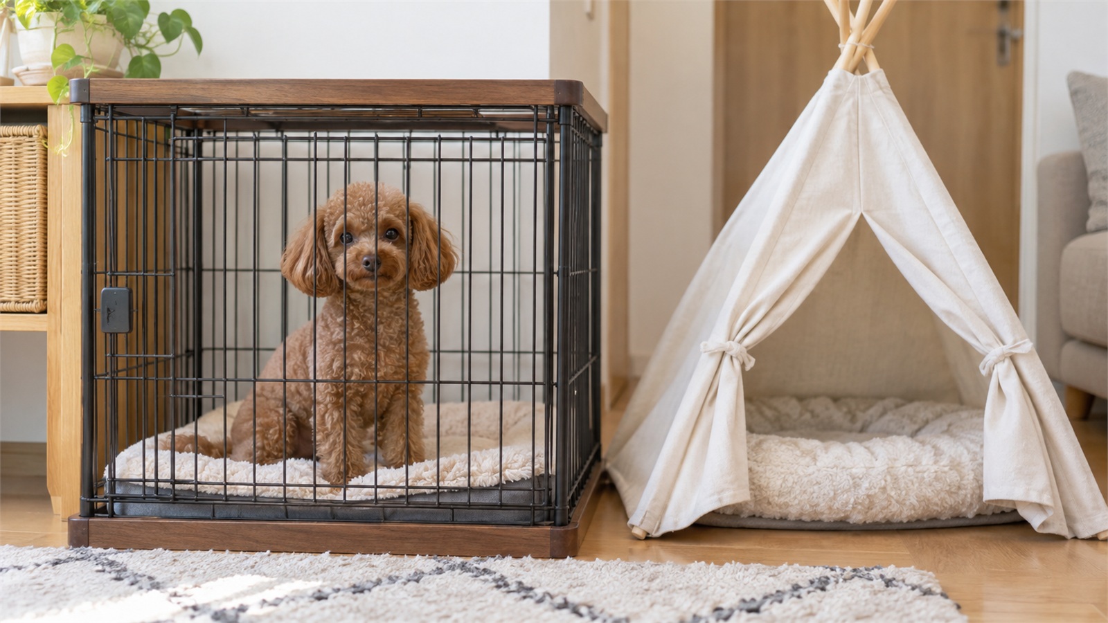 室内に張ったテントのそばで、犬用クレートの中にいるトイプードルの写真。人は写っていない