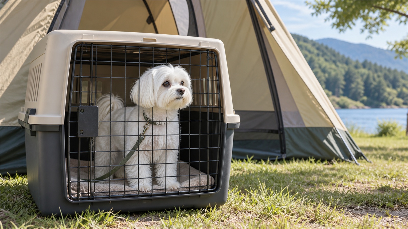 キャンプ場のテントの前に置かれた犬用クレートの中から外を見ているマルチーズの写真。人の顔は写っていない