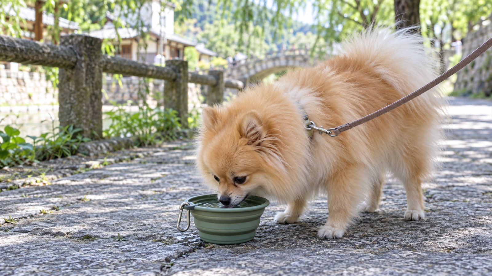 屋外の日陰で、折りたたみの水入れから水を飲んでいるポメラニアンの写真。リードが付いている。人の顔は写っていない