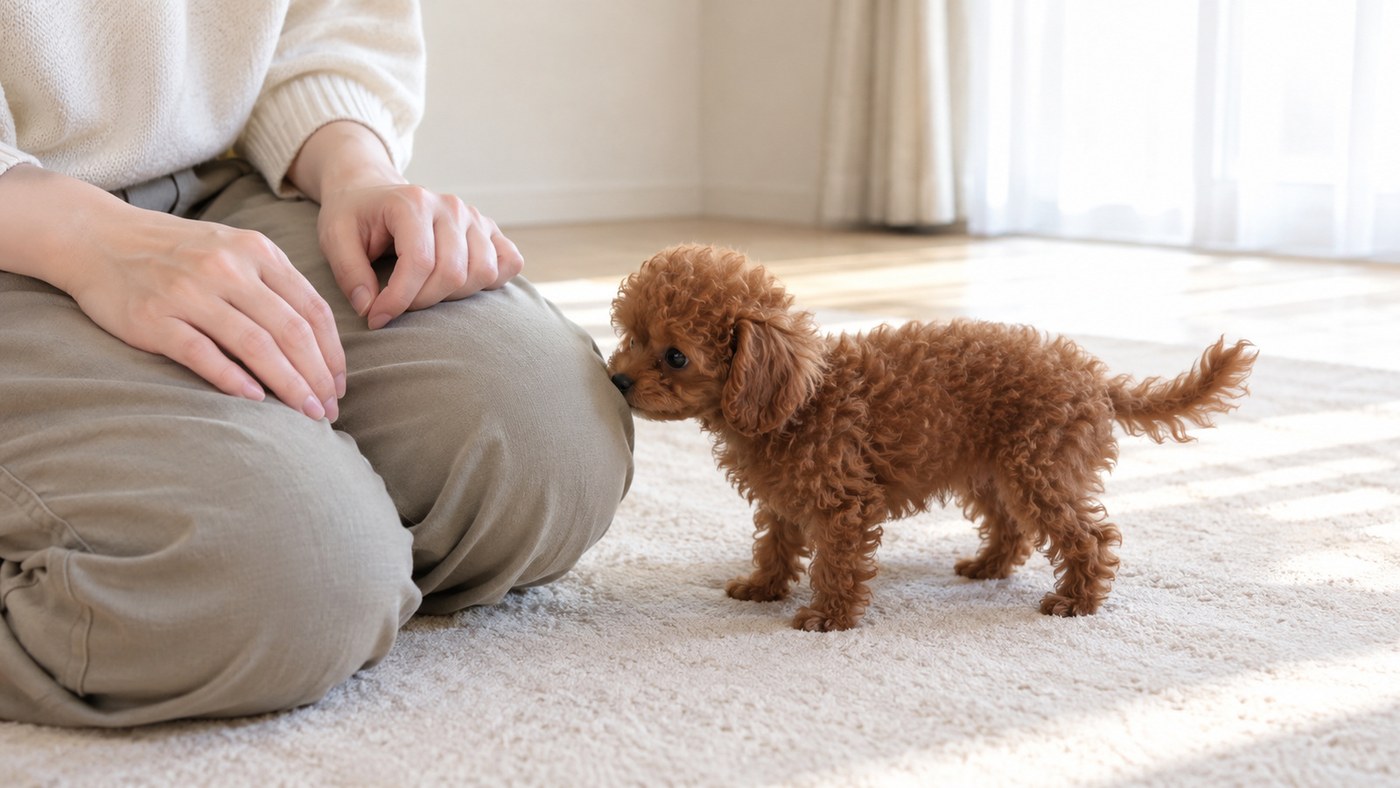 床に座った人のひざに、においをかぎに近づくレッドのトイ・プードルの子犬の写真