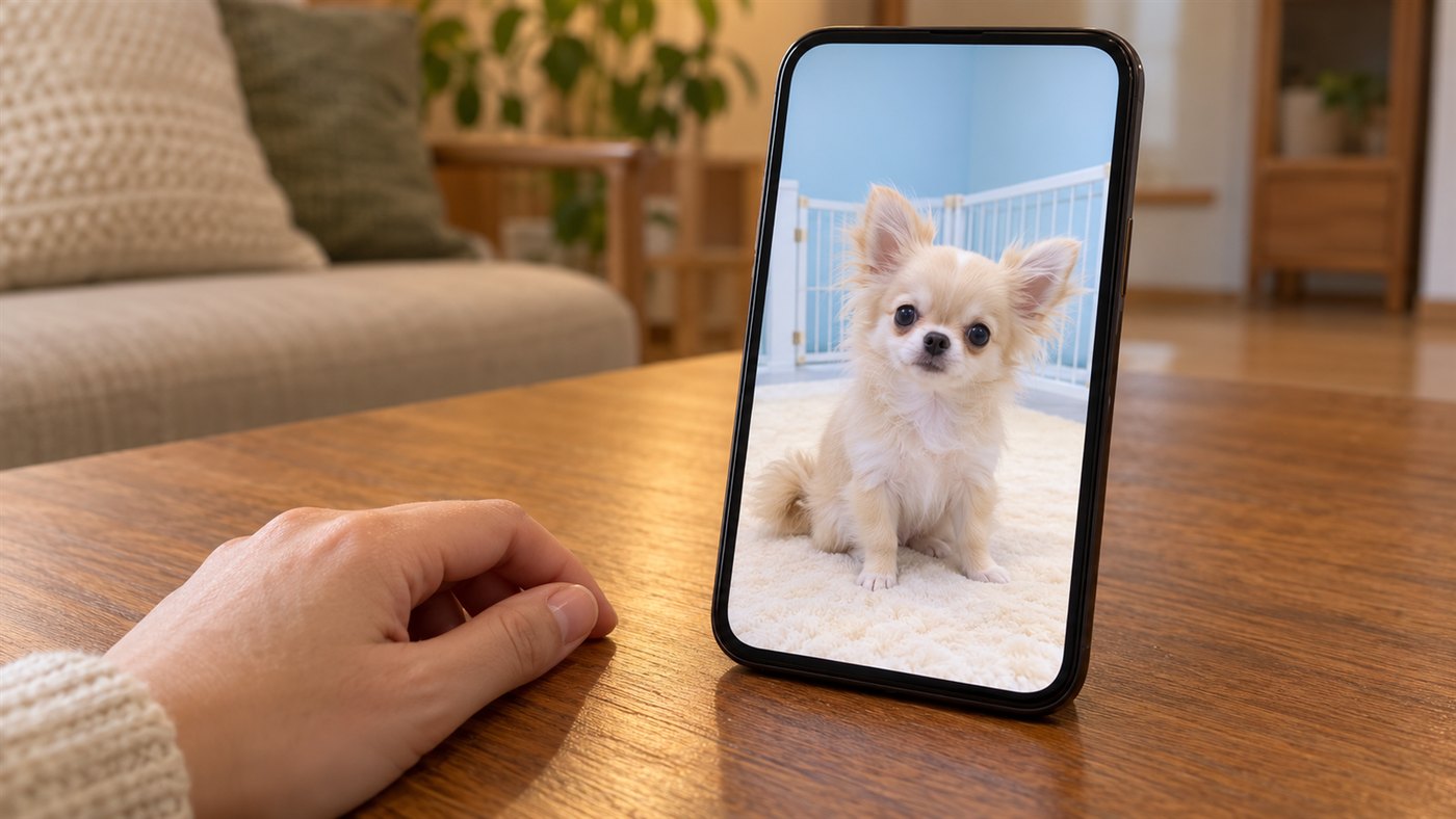 木のテーブルに立てたスマートフォンのビデオ通話の画面に、施設の部屋にいるクリーム色のロングコートのチワワの子犬が映っている写真