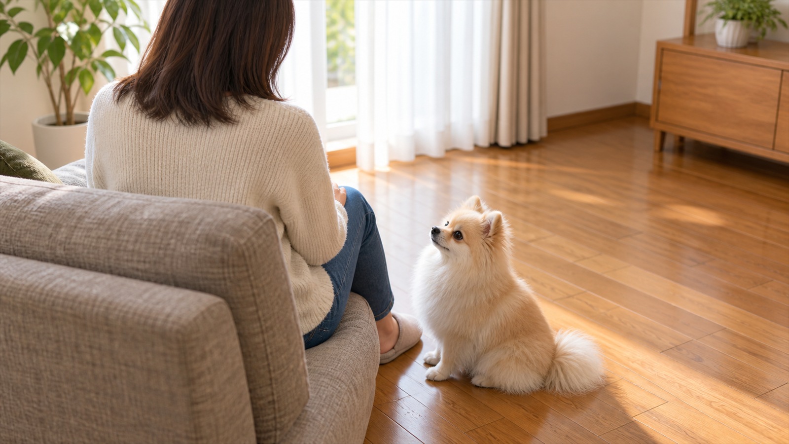 ソファに座って背中を向けている人の後ろ姿と、その足元の床でおすわりをして人を見上げているクリーム色のポメラニアンの写真。人の顔は写っていない