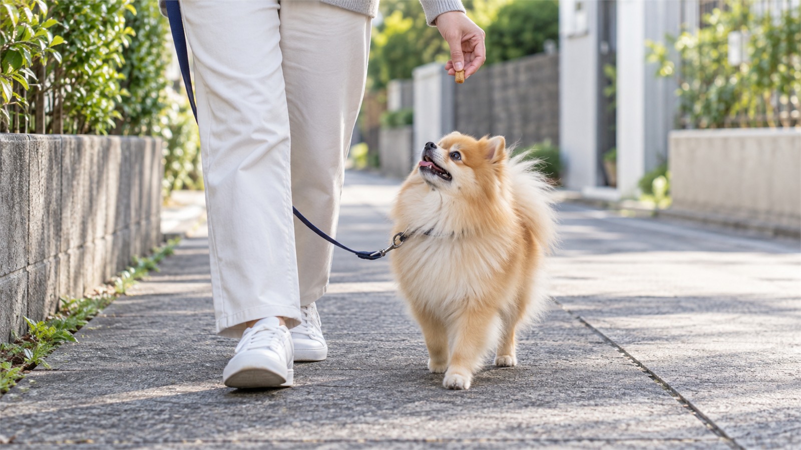 住宅街の歩道で、リードを付けたポメラニアンが飼い主の横に並んで歩き、飼い主の手に持ったおやつを見上げている写真