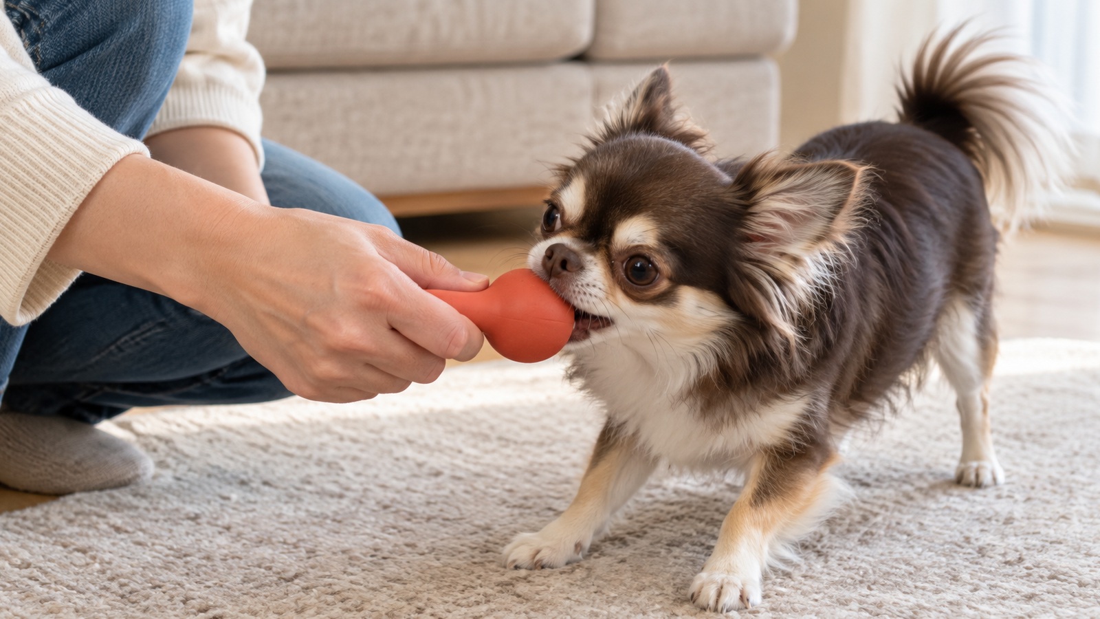 リビングで、しゃがんだ人が差し出した無地のゴム製のおもちゃを、成犬のチワワが口にくわえている手元の写真。人の顔は写っていない