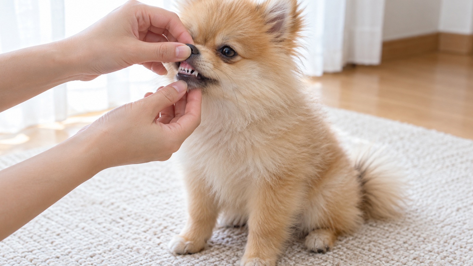 明るい室内で、人の手が生後数か月のポメラニアンの子犬の唇をそっとめくり、歯を確かめている手元の写真。子犬は落ち着いて座っている