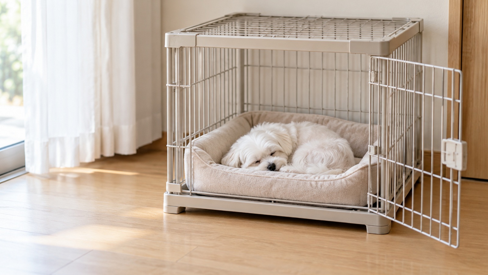 扉を開けたクレートの中のベッドで、昼間に丸くなって眠っているマルチーズの子犬を、少し離れた場所から写した写真