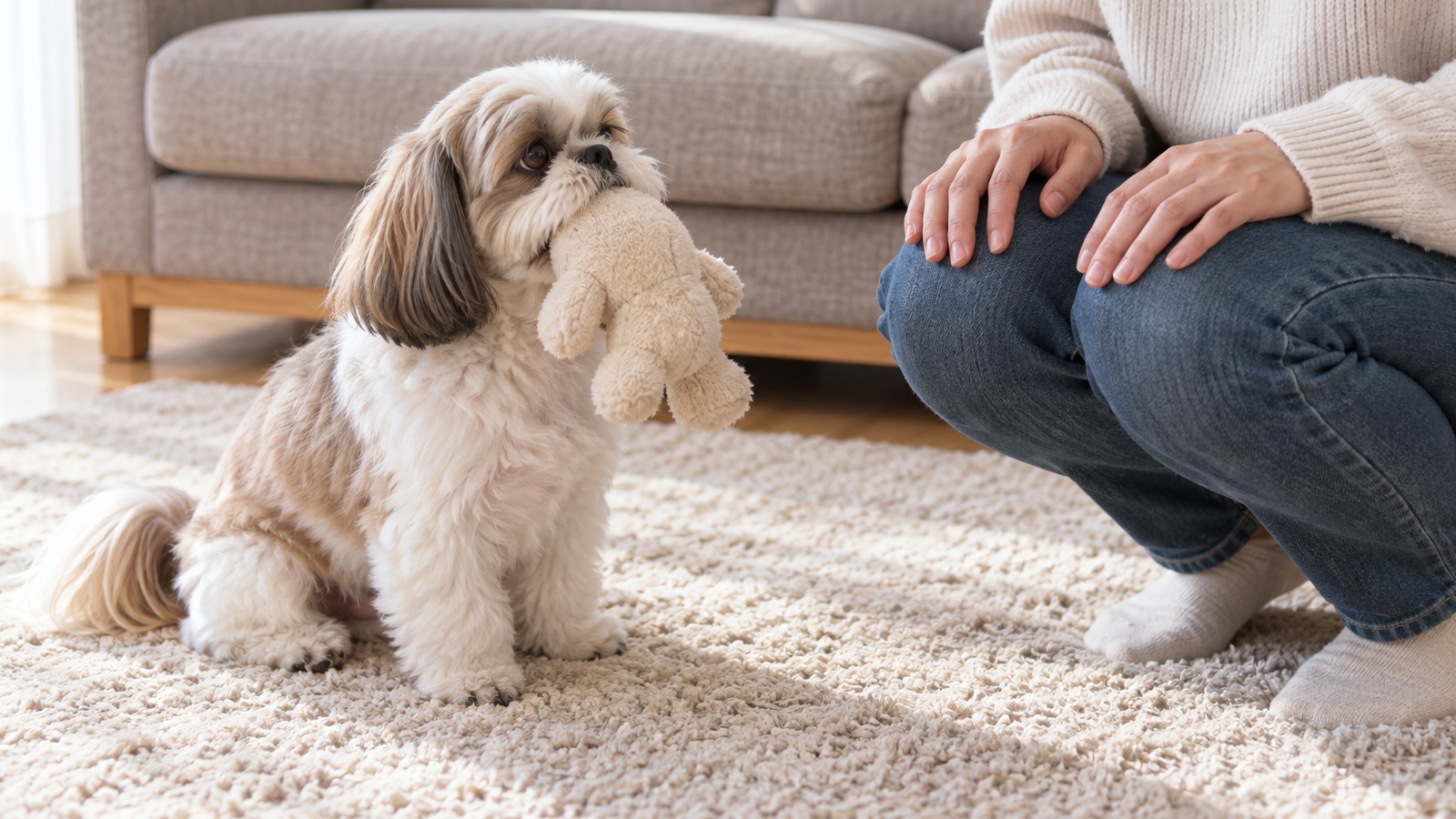 リビングのラグの上で、しゃがんだ人が両手を膝の上に置いて動きを止め、その前で成犬のシーズーが無地のぬいぐるみをくわえて座っている写真。人の顔は写っていない