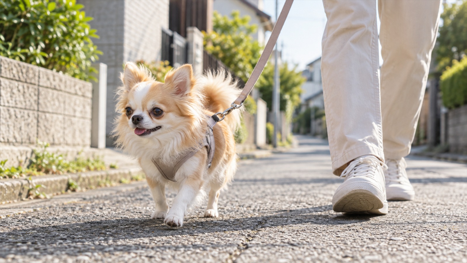 朝の住宅街の歩道で、ハーネスとリードをつけてゆっくり歩いているロングコートチワワと、その横を歩く人の足元の写真
