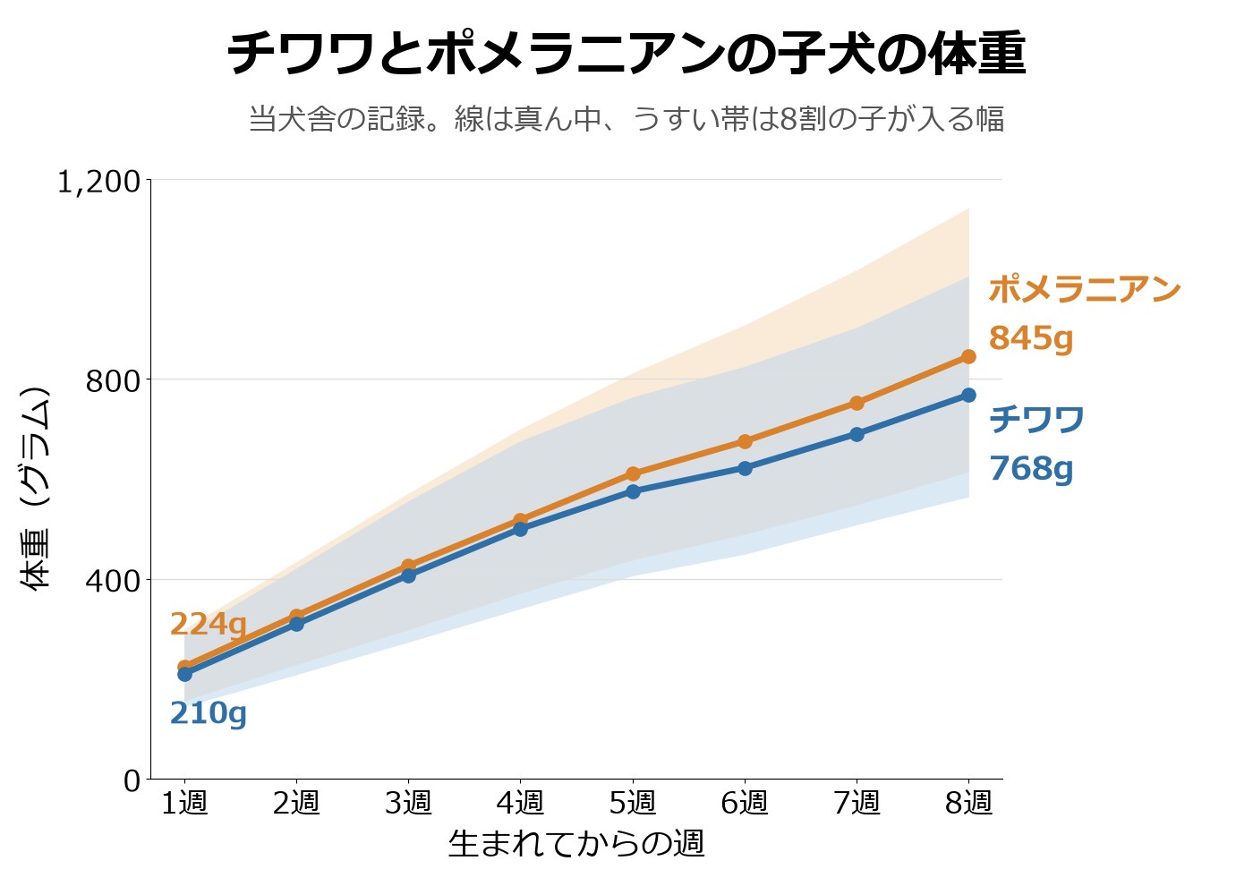 生後1週から8週までの体重の変化を比べた折れ線グラフ。チワワとポメラニアンの真ん中の線と、8割の子が入る幅の帯が、大きく重なっている