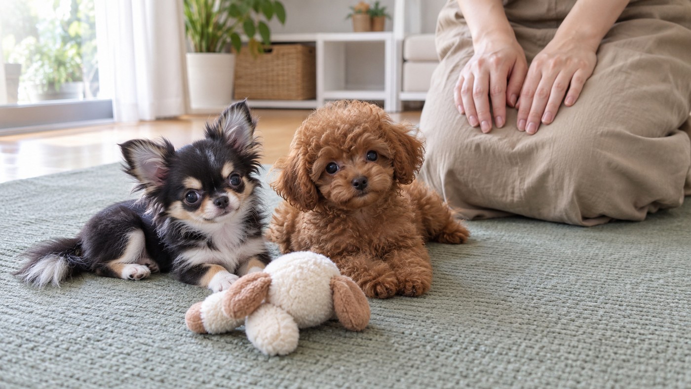 明るいリビングのマットの上で、並んで伏せるチワワの子犬と巻き毛のトイ・プードルの子犬と、そばに座る人の手と膝のイメージ写真