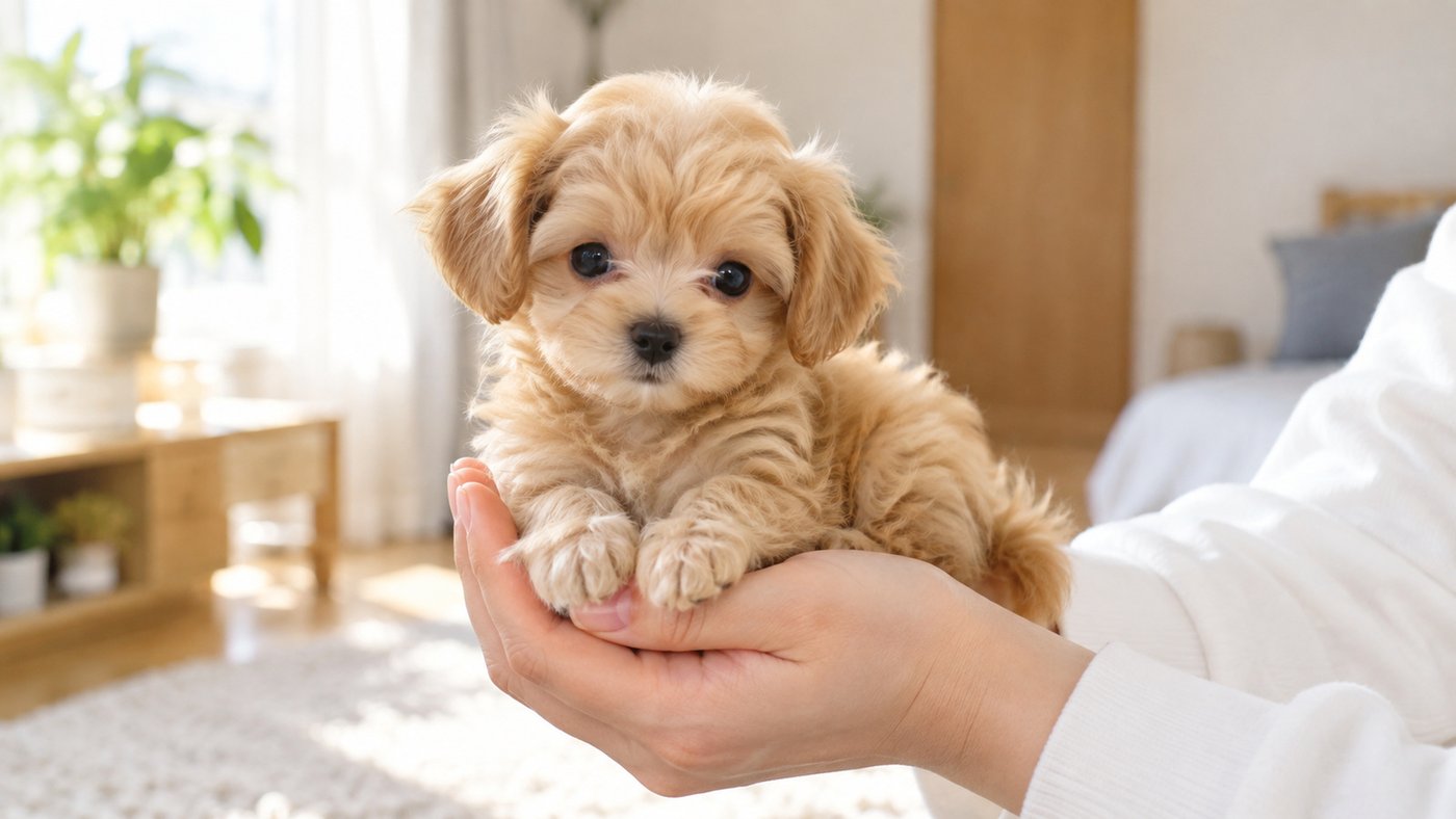 明るい部屋で、人の手のひらにのった、アプリコットのふわっとした毛の小さな子犬を描いたイメージの絵。人は手と腕だけ