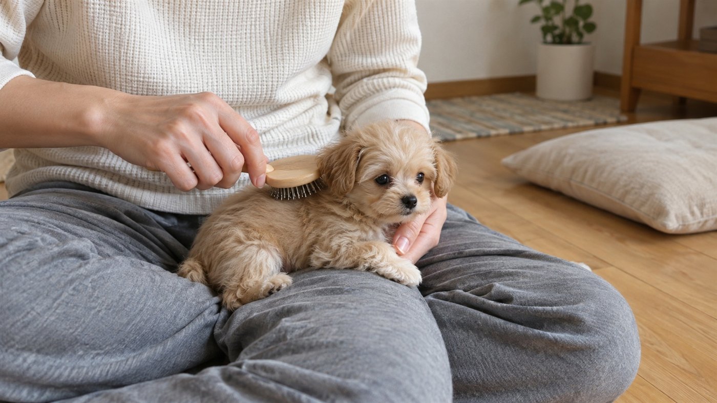 木の床にあぐらをかいた人の脚の上で、ふわふわの毛の小さな子犬が、木の柄のブラシで首のうしろの毛をとかしてもらっている写真。人の顔は写っていない
