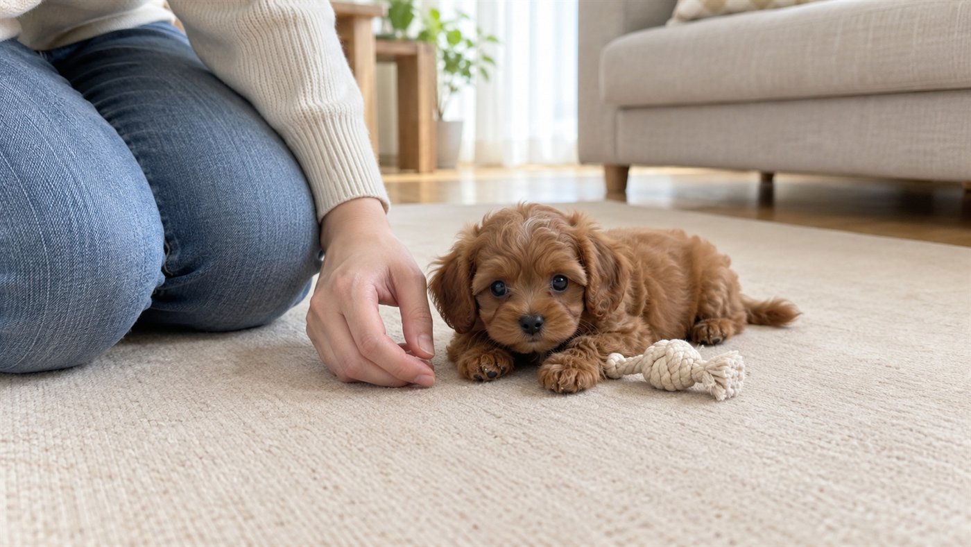 敷物を敷いた明るいリビングで、赤茶色の小さな子犬がロープのおもちゃのそばに伏せ、そばで人がひざをついて手をさしだしている写真。人は手と脚だけが写っている