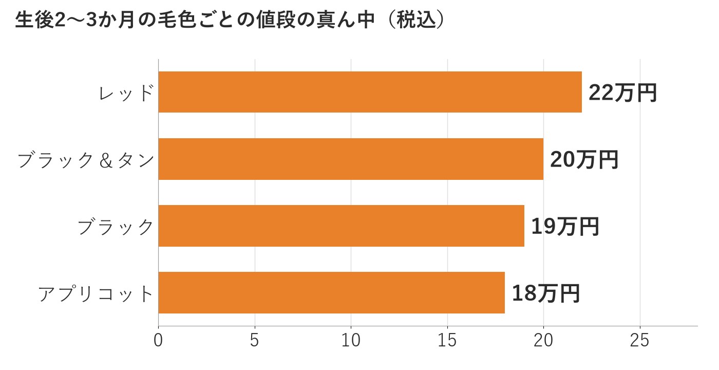 生後2〜3か月のチワプーの毛色ごとの値段の真ん中を示した横向きの棒グラフ。レッド22万円、ブラック＆タン20万円、ブラック19万円、アプリコット18万円