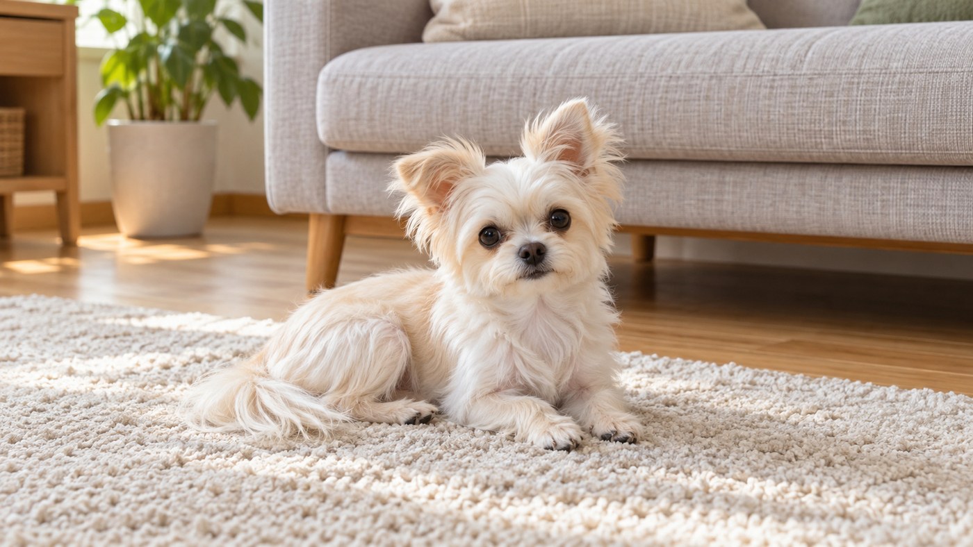 明るいリビングのラグの上に伏せて、こちらを見ているクリーム色の長めの毛の小さな犬。後ろにソファと観葉植物が見える
