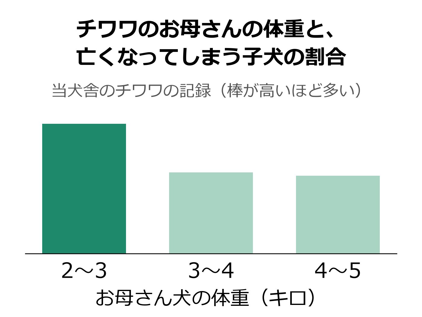 チワワのお母さん犬の体重ごとに、亡くなってしまう子犬の割合を比べた棒グラフ。2〜3キロのお母さんの棒がいちばん高く、3キロ以上のお母さんの棒は低い