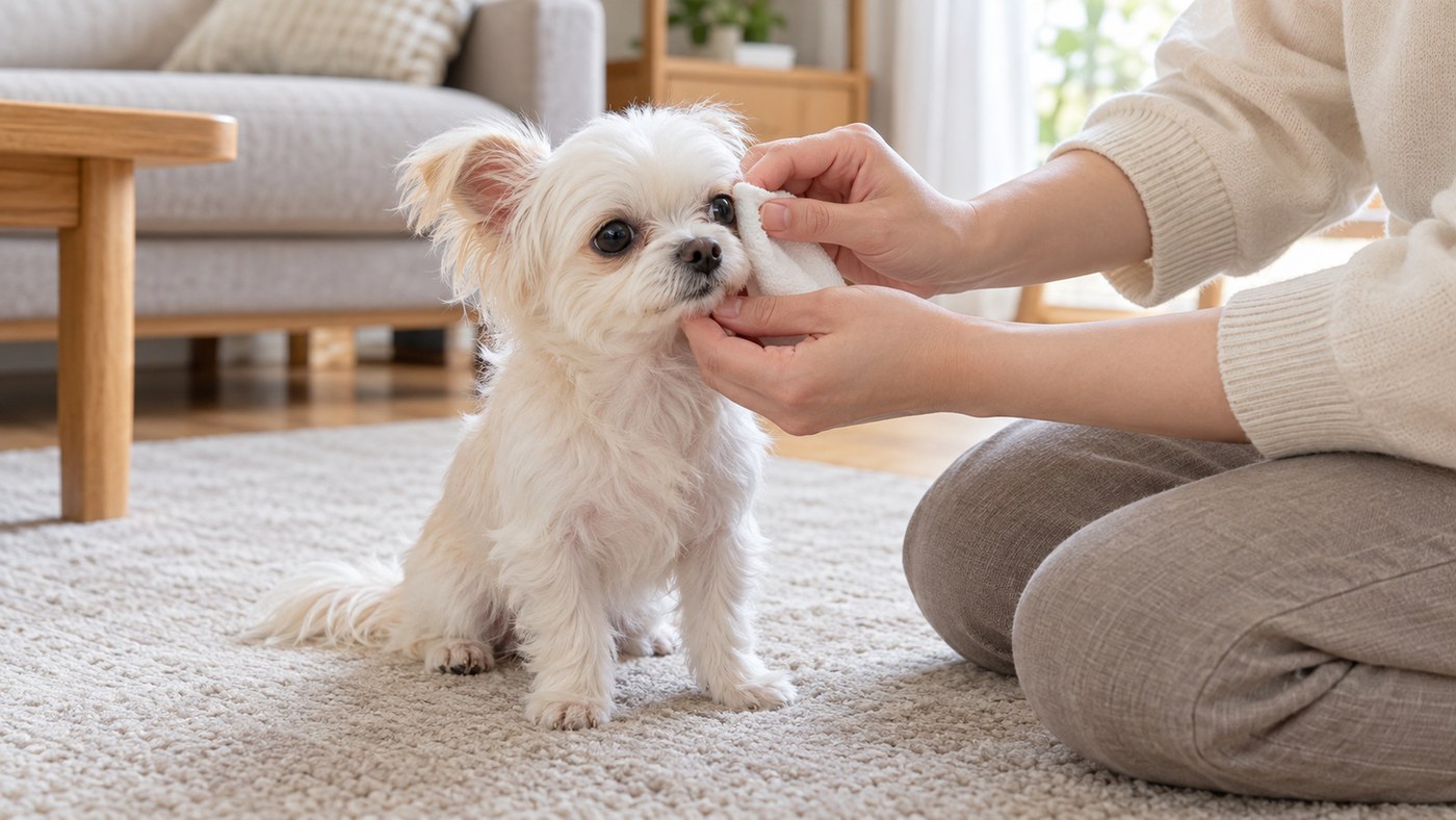 ラグを敷いたリビングで、すわっているクリーム色の小さな犬の顔のまわりを、人が白い布でそっとふいている写真。人の顔は写っていない