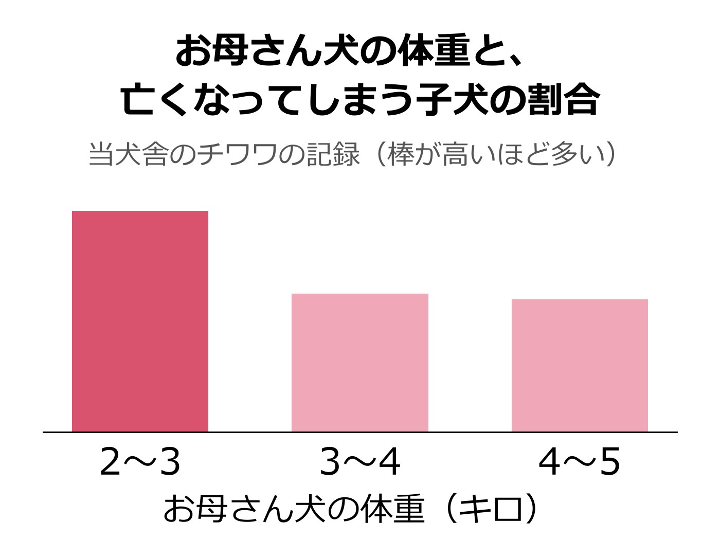 お母さん犬の体重ごとに、亡くなってしまう子犬の割合を比べた棒グラフ。2〜3キロのお母さんの棒がいちばん高く、3〜4キロ、4〜5キロのお母さんの棒はそれより低く並んでいる