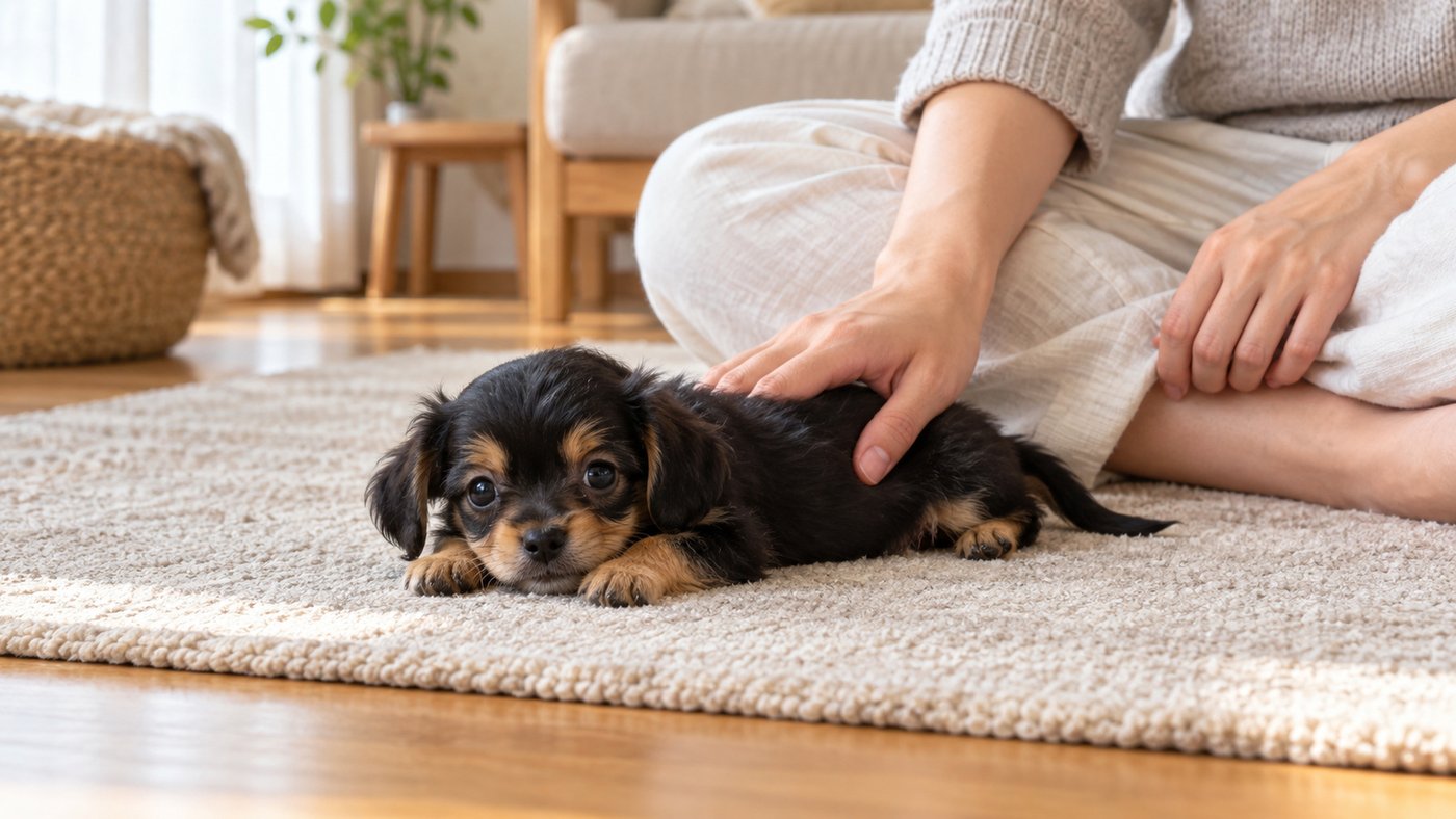 明るいリビングのラグの上で、座った人のそばに体をのばして伏せている、黒と茶色の小さな子犬の写真。人の手が背中にそえられている