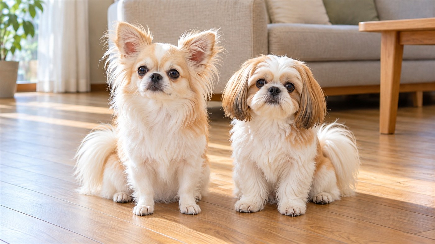 明るいリビングの木の床に並んでおすわりしている、立ち耳の小型犬と、垂れ耳で毛の長い小型犬のイメージ絵