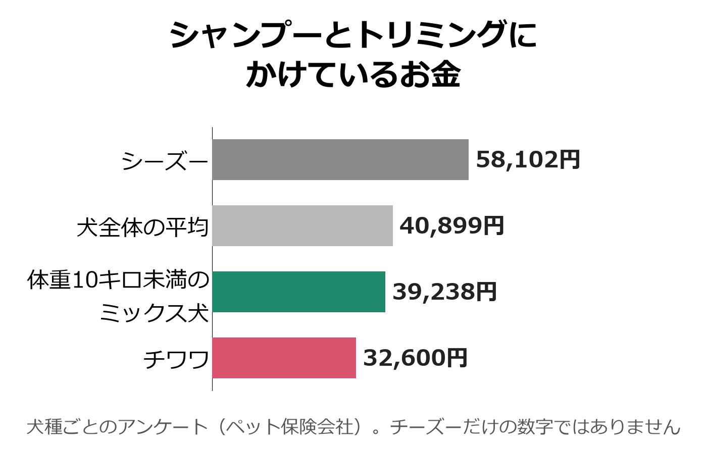 シャンプーとトリミングのお金の棒グラフ。シーズー58,102円、犬全体の平均40,899円、10キロ未満のミックス犬39,238円、チワワ32,600円