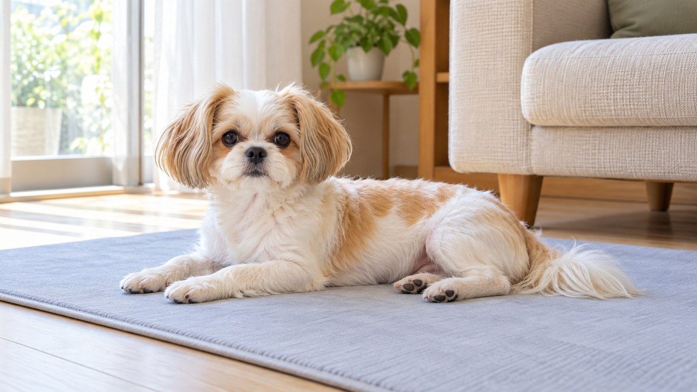 明るいリビングの灰色のマットの上に伏せて、こちらを見ている、垂れ耳で毛の長い小型犬のイメージ絵