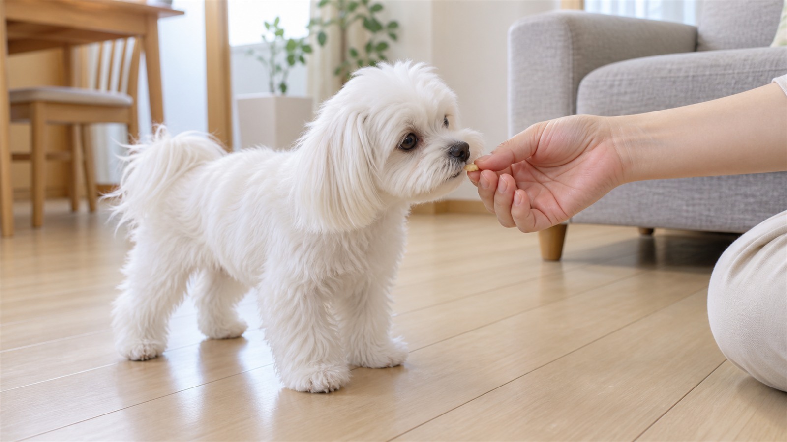 室内で、人の手から小さなおやつを受け取ろうとしているマルチーズの子犬の写真。人の顔は写っていない