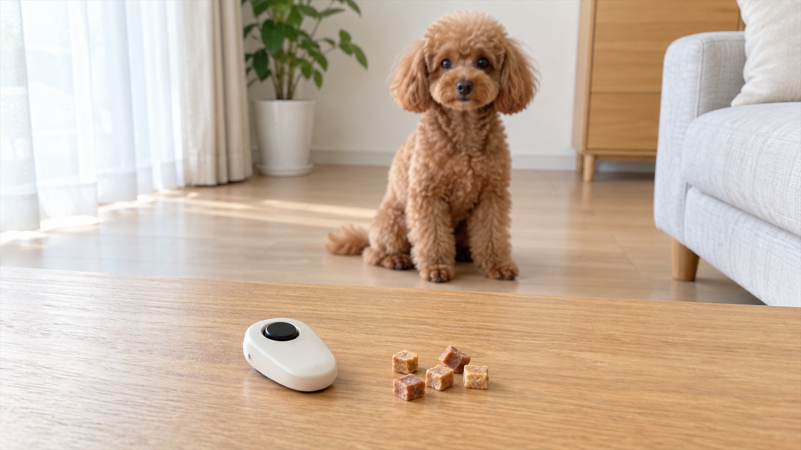 室内の床に置かれた犬用のクリッカーと小さなおやつの写真。奥にトイプードルが座っている。人は写っていない