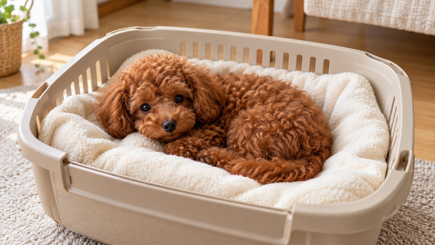 毛布を敷いたペット用のかごの中で丸くなっている、レッドのトイ・プードルの子犬のイメージ